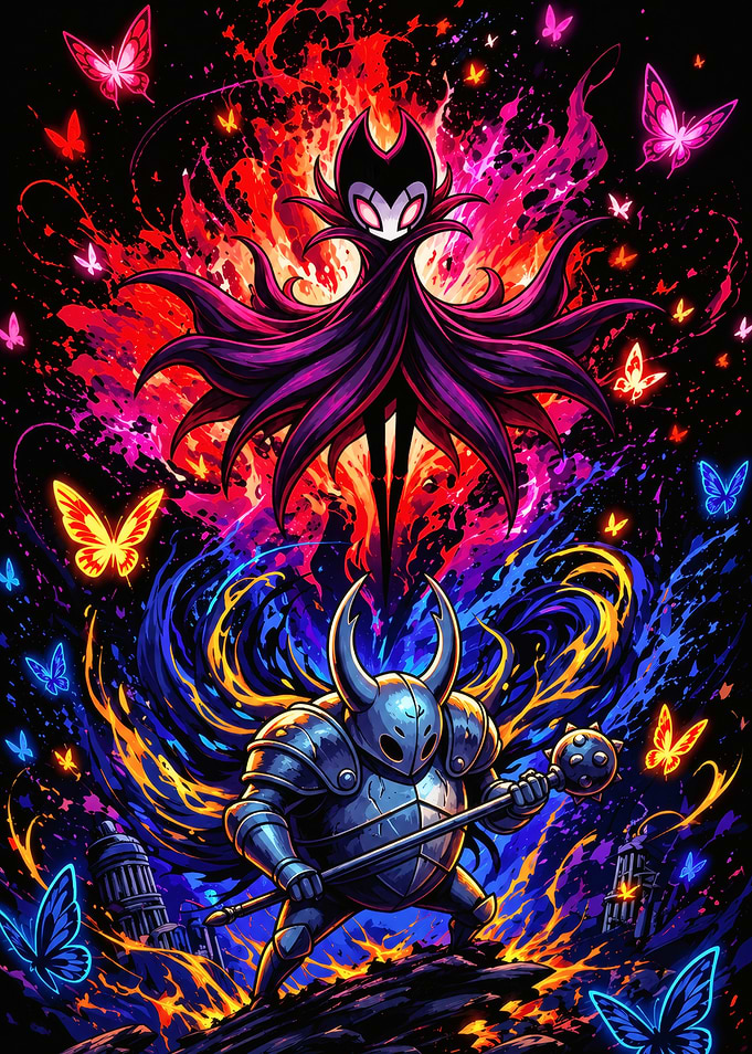 Hollow Knight Characters in Fiery Battle