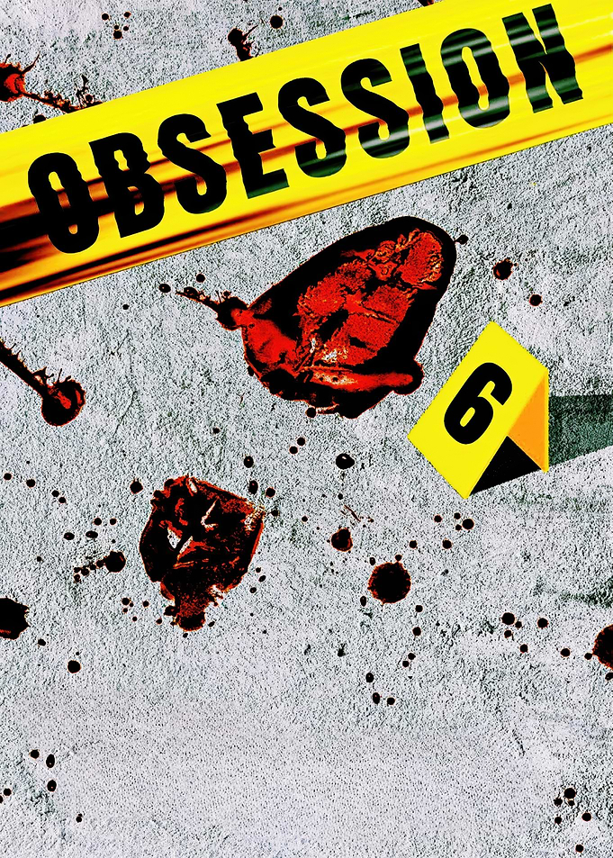 Crime scene with yellow tape and blood
