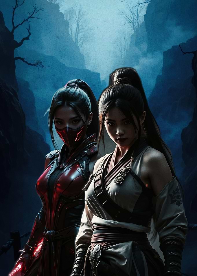 Two Female Warriors in a Dark Forest