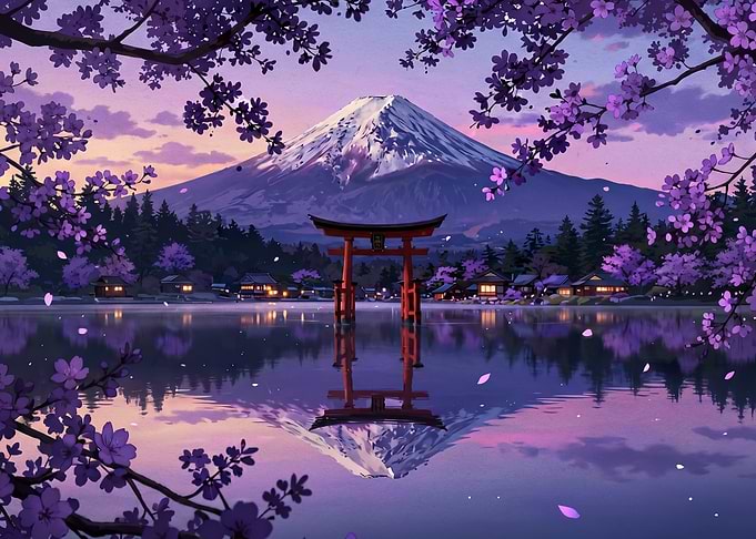 Mount Fuji with Cherry Blossoms and Torii Gate