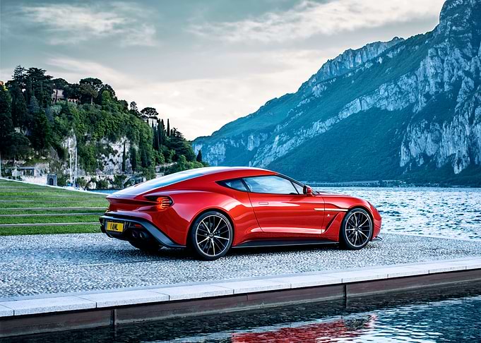 Red Aston Martin Vanquish Zagato by Lake