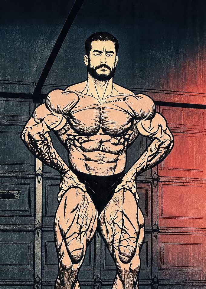 Bodybuilder Posing with Garage Door Background
