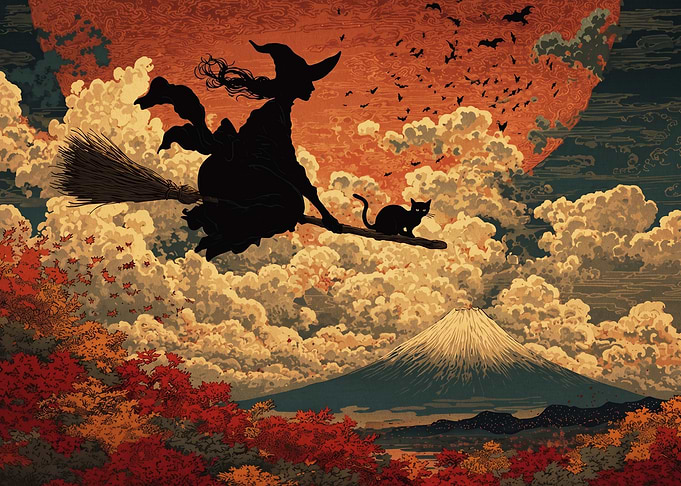 Witch flying over Mount Fuji with black cat