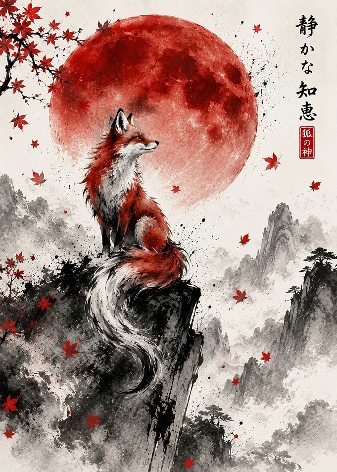 Silent Wisdom – Japanese Fox Sumi-e Art