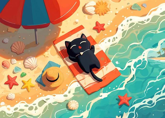 Black Cat Relaxing on a Beach Towel