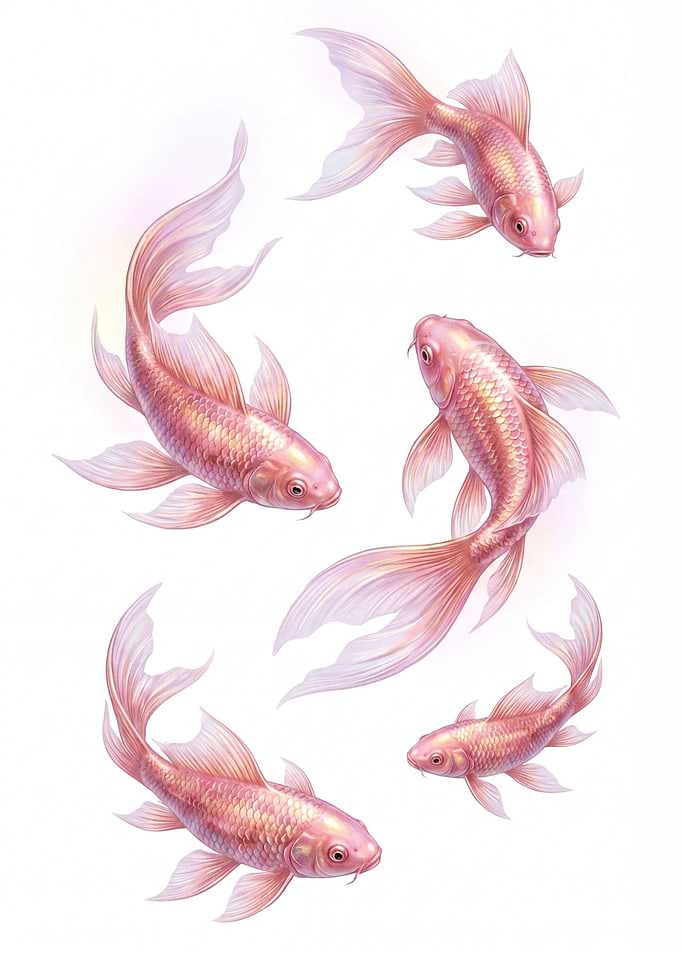 Five Pink Koi Fish Swimming