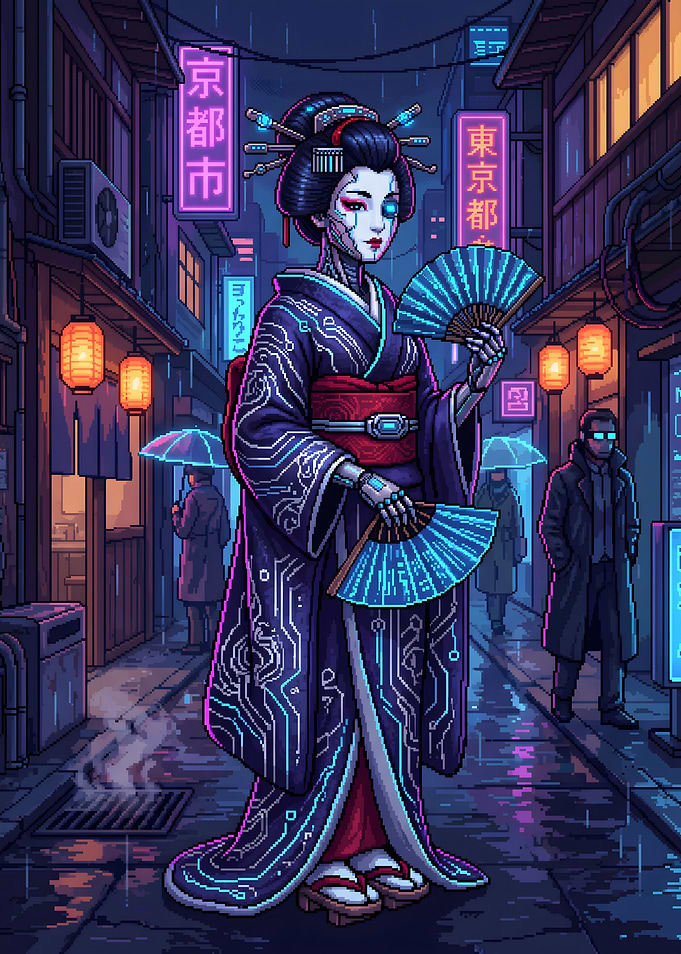 Cyberpunk Geisha with Fans