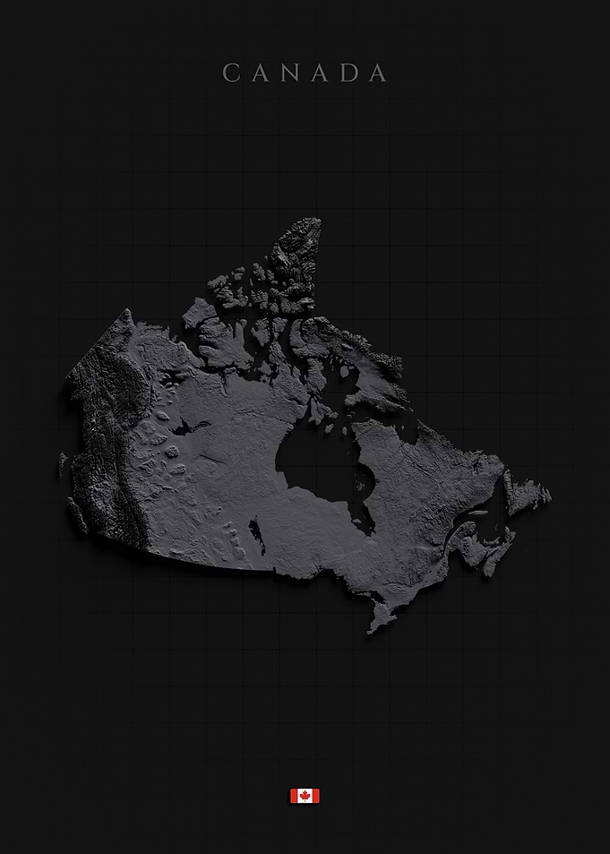 Canada Relief Panorama - Dark Shaded Terrain Map, 3D Elevation