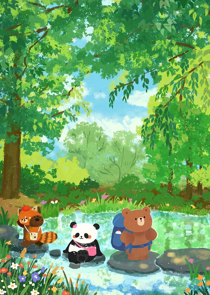 Cute Animals Hiking by a Stream