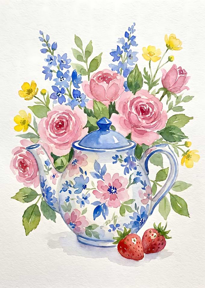 Watercolor Teapot with Flowers and Strawberries
