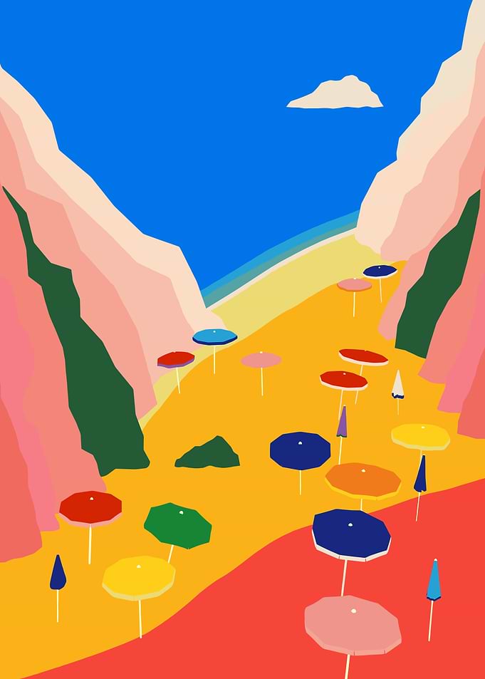 Colorful Beach Scene with Umbrellas