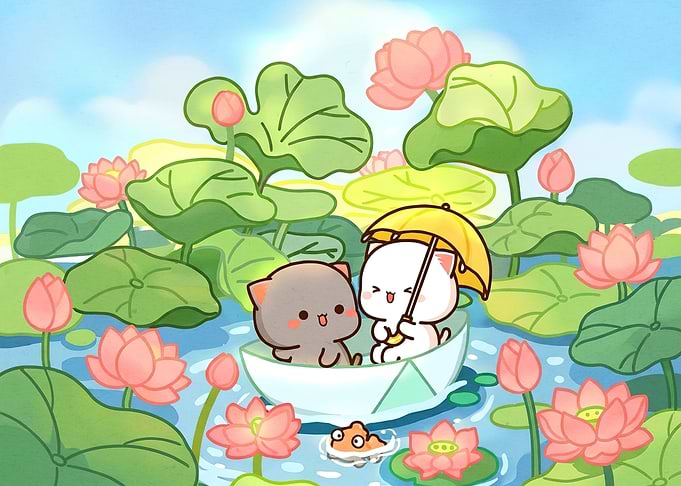Cute Cats in a Boat with Lotuses