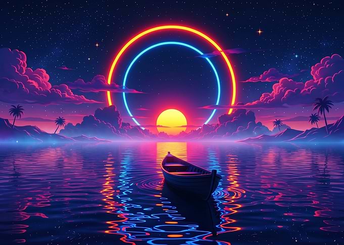 Retro Neon Sunset Boat Scene