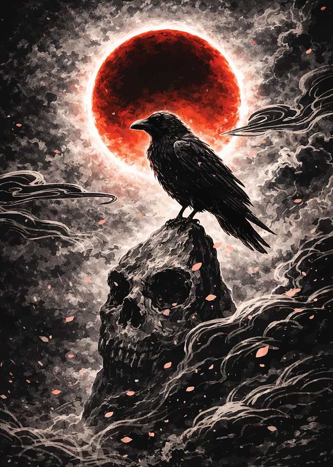 Raven on Skull Under Red Moon