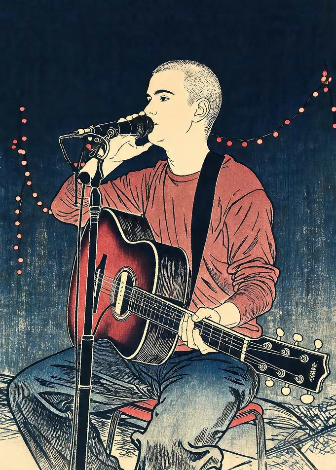 Musician Performing with Guitar and Microphone