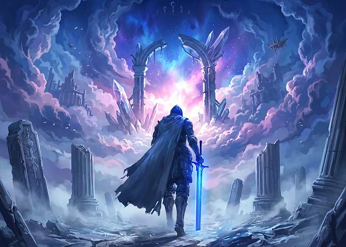 Knight with glowing sword in fantasy ruins