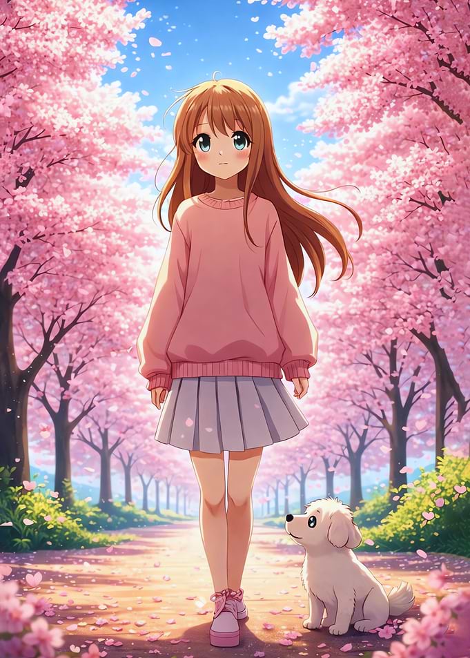 Anime Girl and Dog in Cherry Blossom Path
