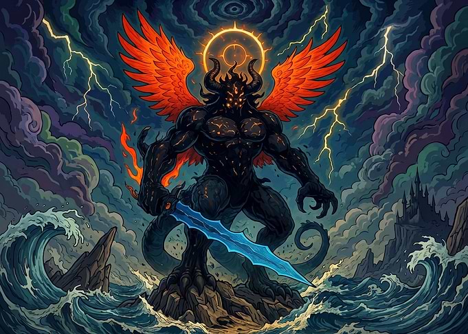 Demonic Angel with Fiery Wings and Sword