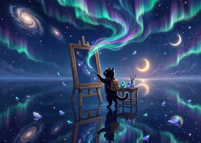 Cat painting the Aurora Borealis