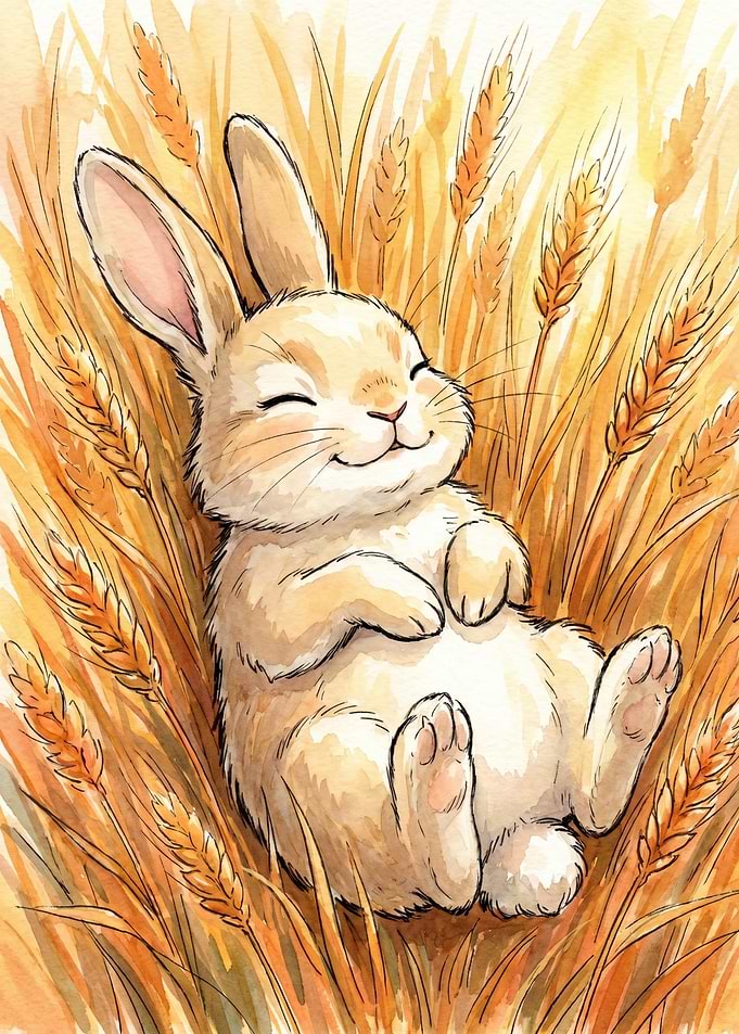 Cute Bunny Sleeping in Wheat Field