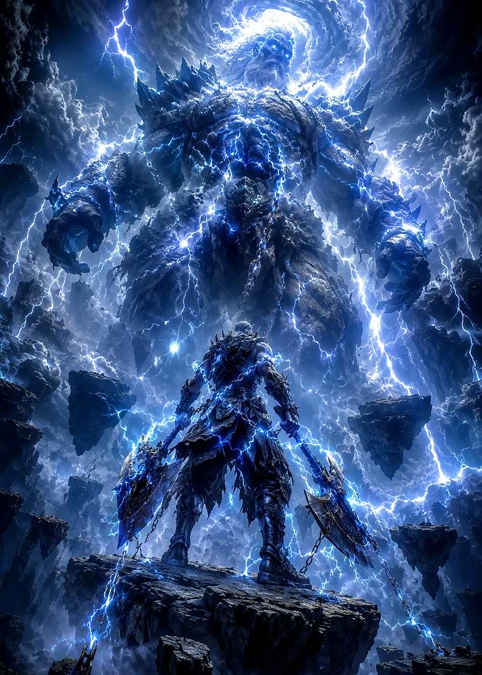 Giant Warrior Battling Lightning God