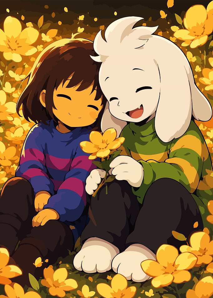 Frisk and Asriel in a field of flowers