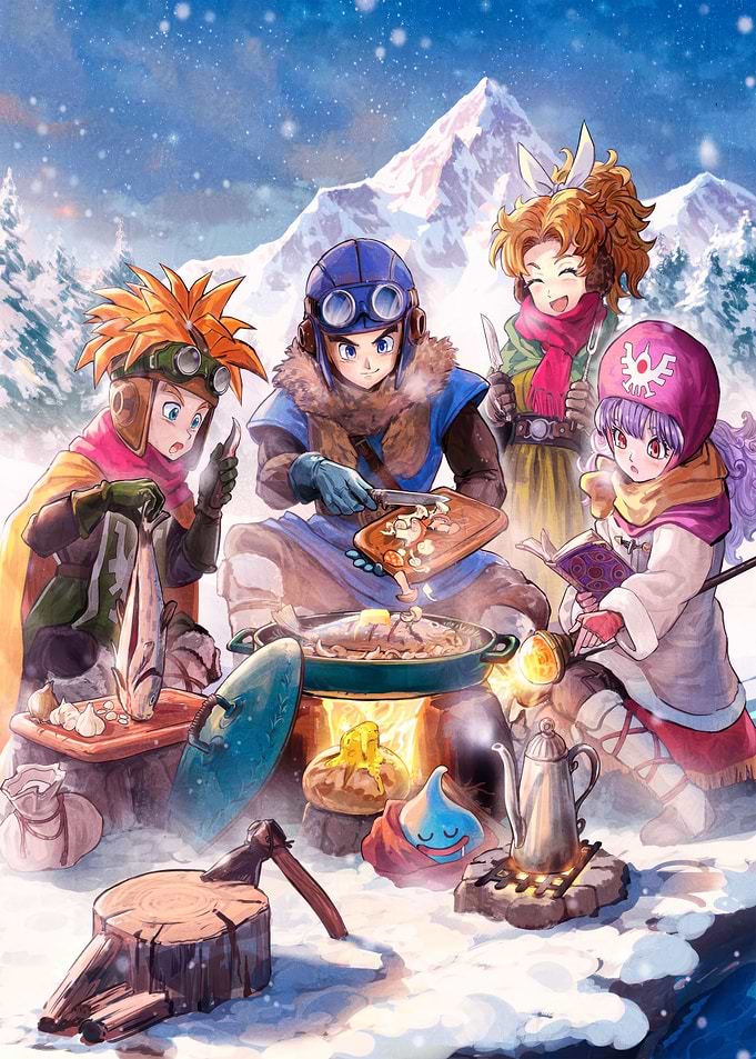 Dragon Quest characters cooking in snow
