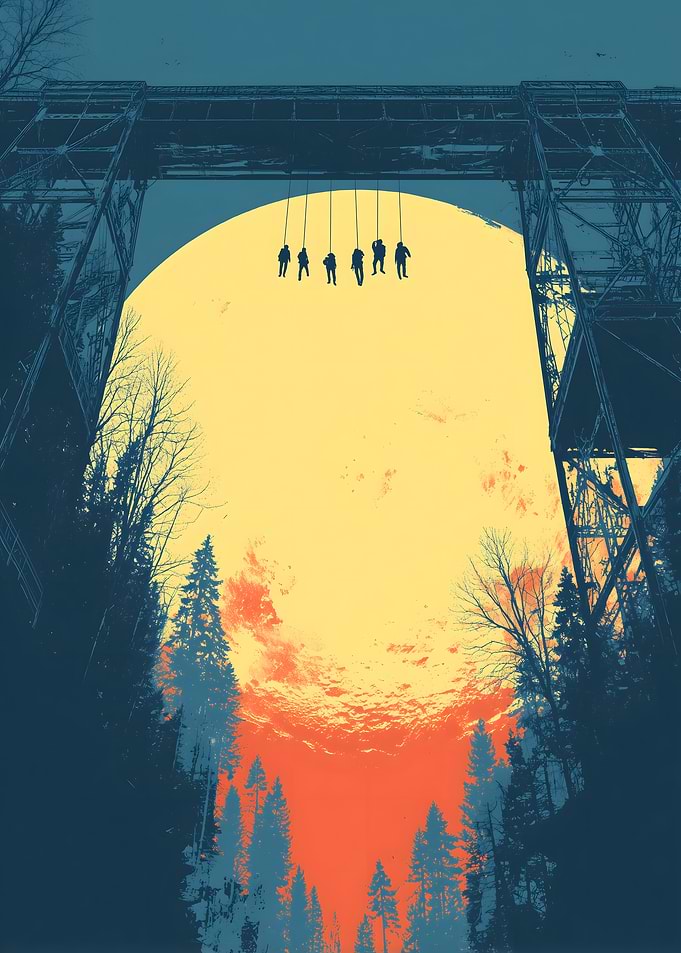 Silhouettes hanging from a bridge against a large moon