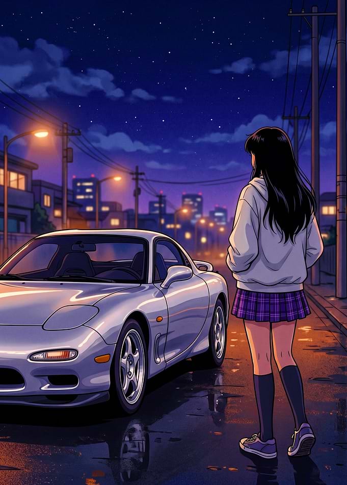Anime girl and sports car at night