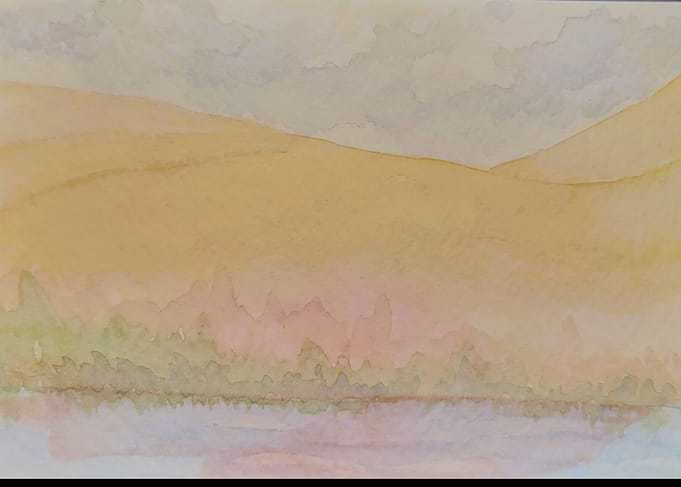 Watercolor Landscape with Hills and Water