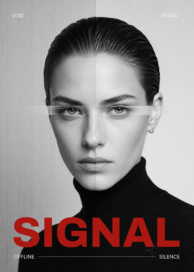 Woman with split face and 'SIGNAL' text