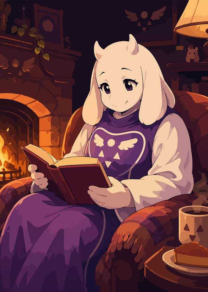 Toriel Reading by Fireplace