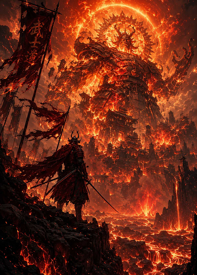 Samurai Warrior Facing Fiery Giant