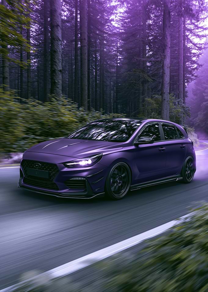 Purple Hyundai i30 N driving through forest