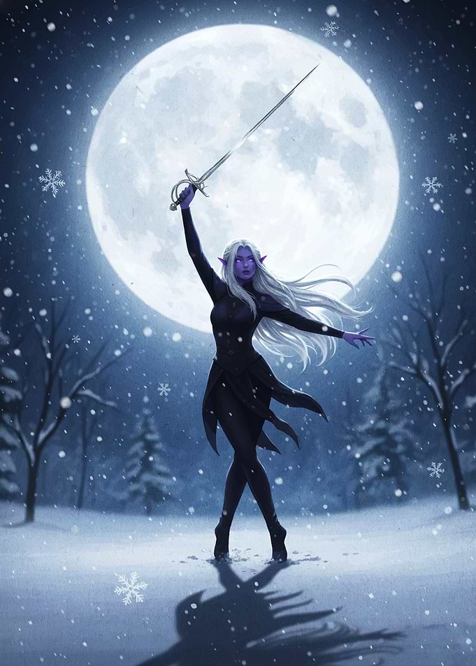 Elf Warrior in Winter Moonlight