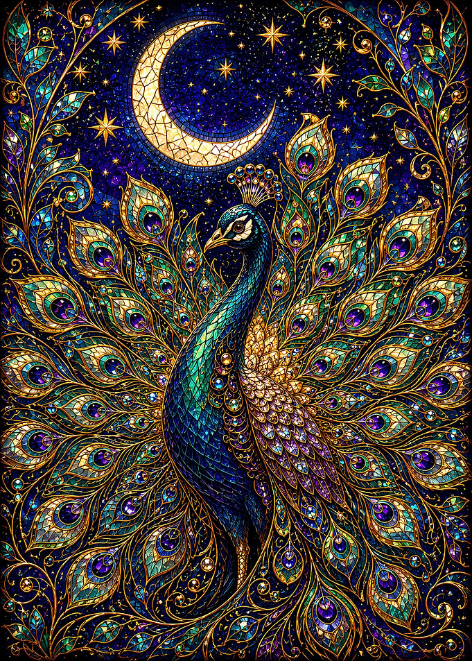 Stained Glass Peacock Under the Moon