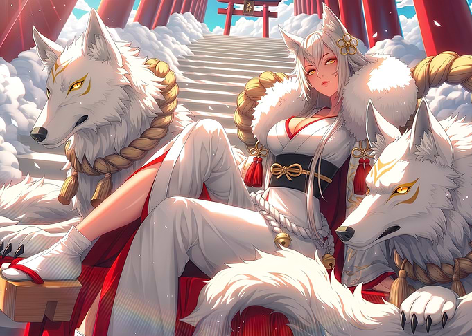 Amaterasu Japanese Mythology Art, Sun Goddess with White Wolves Digital Illustration