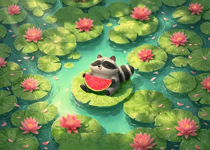 Cute Raccoon Eating Watermelon on Lily Pad