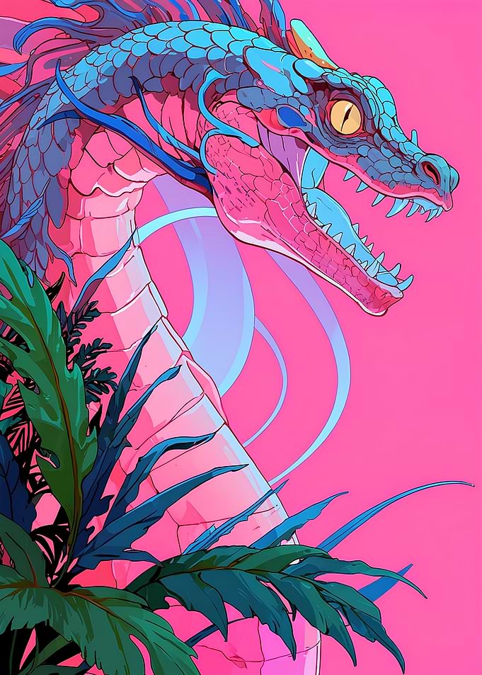 Vibrant Dragon with Tropical Plants