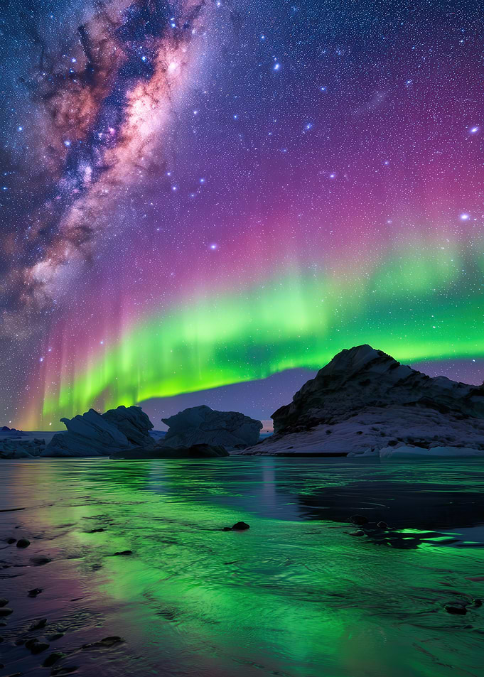Aurora Borealis Over Icy Landscape