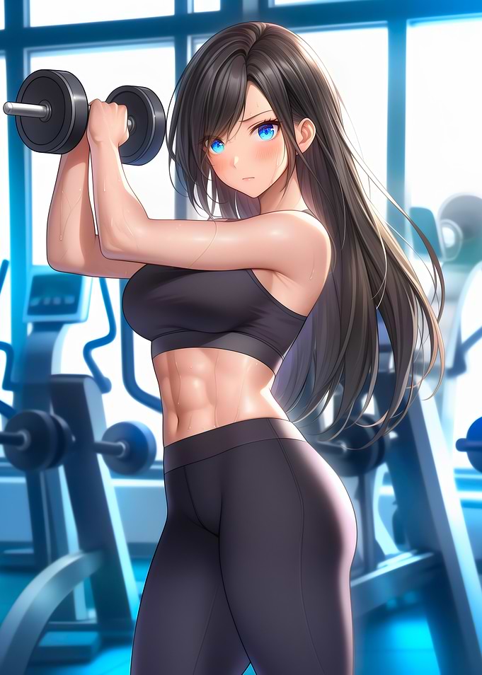 Anime Girl Lifting Dumbbells in Gym