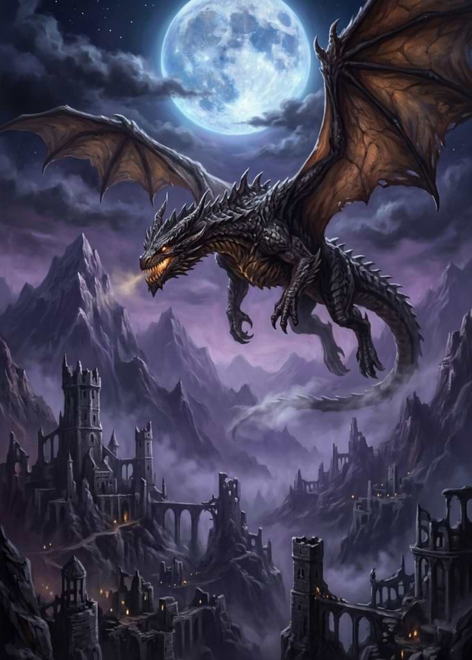 Dragon over ruined castle