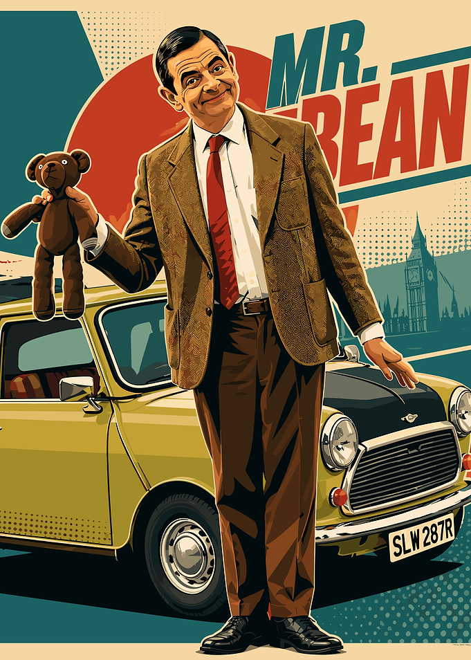 Mr. Bean with Teddy and Mini Cooper