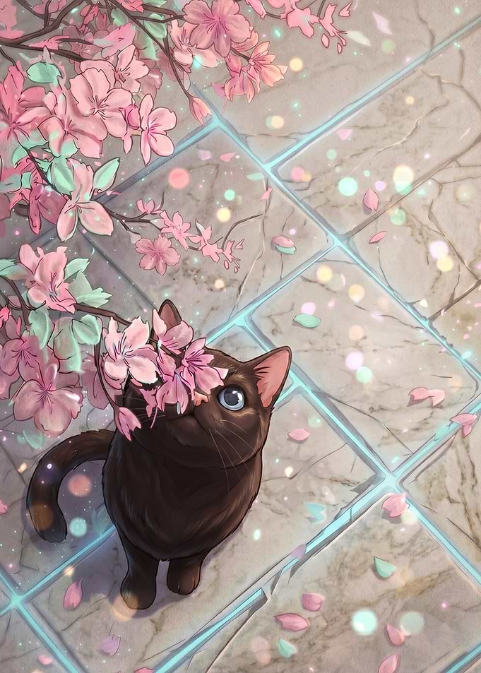 Cute Cat Admiring Cherry Blossoms