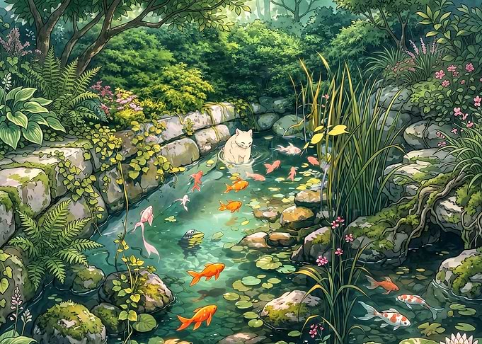 Cat in a Koi Pond