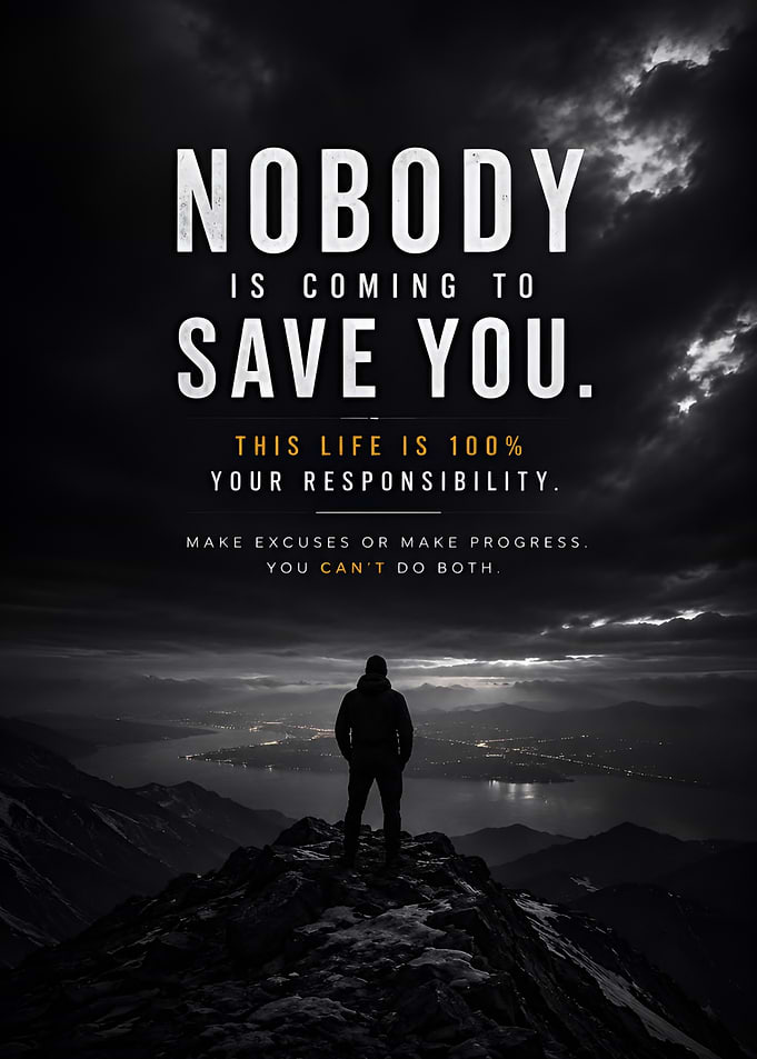 Nobody Is Coming To Save You, This Life Is 100% Your Responsibility Motivational Quote