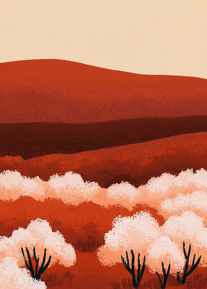Abstract Red Landscape with Trees
