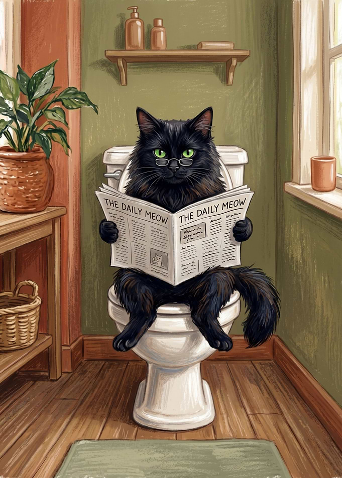Black Cat Reading Newspaper on Toilet