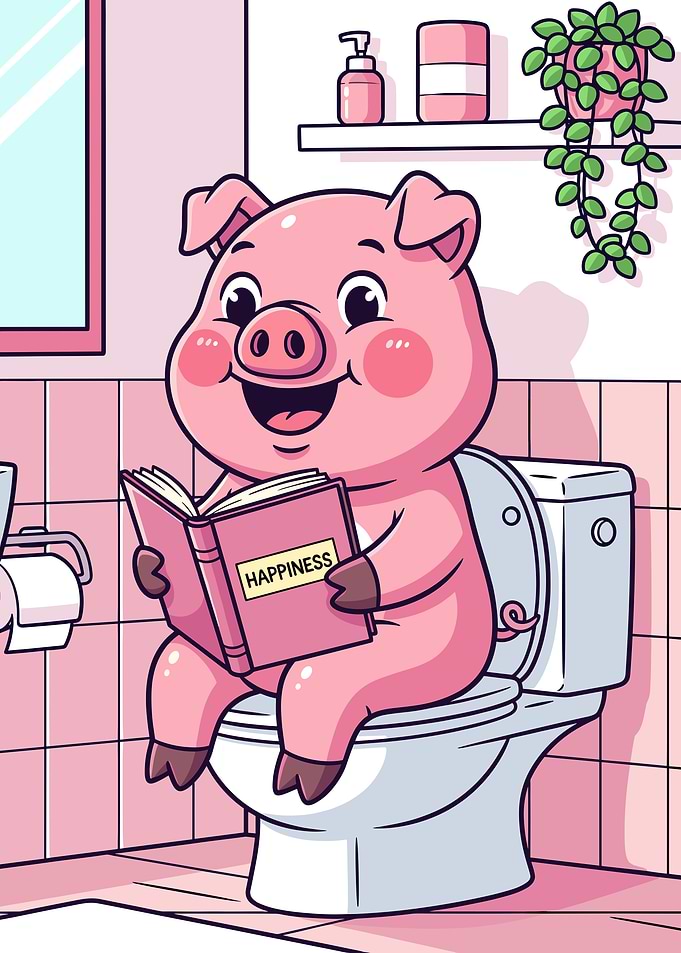 Pig Reading Book on Toilet