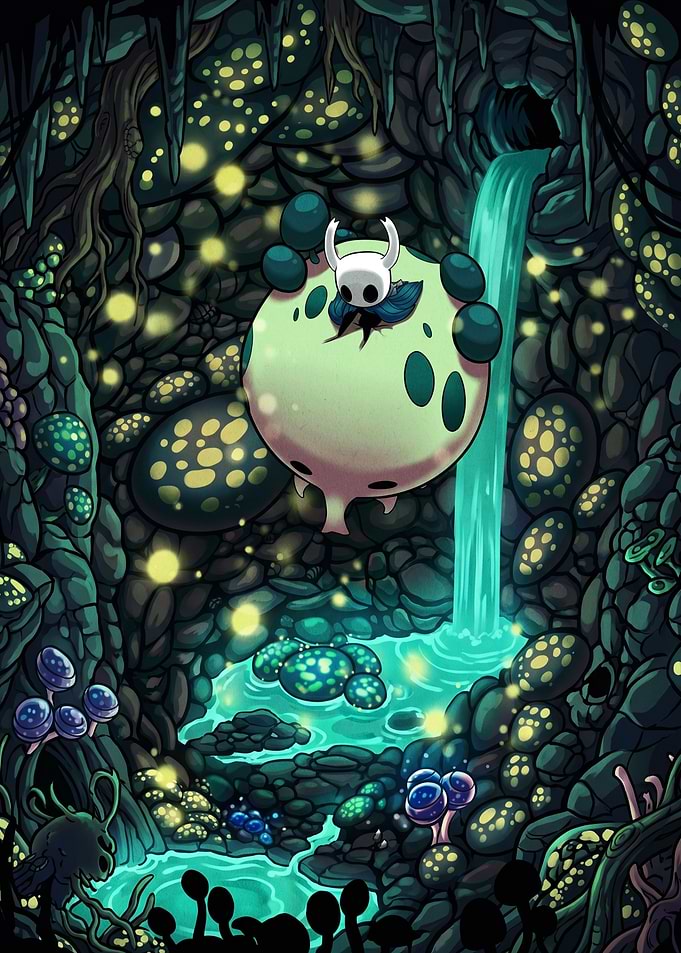 Hollow Knight in a glowing cave
